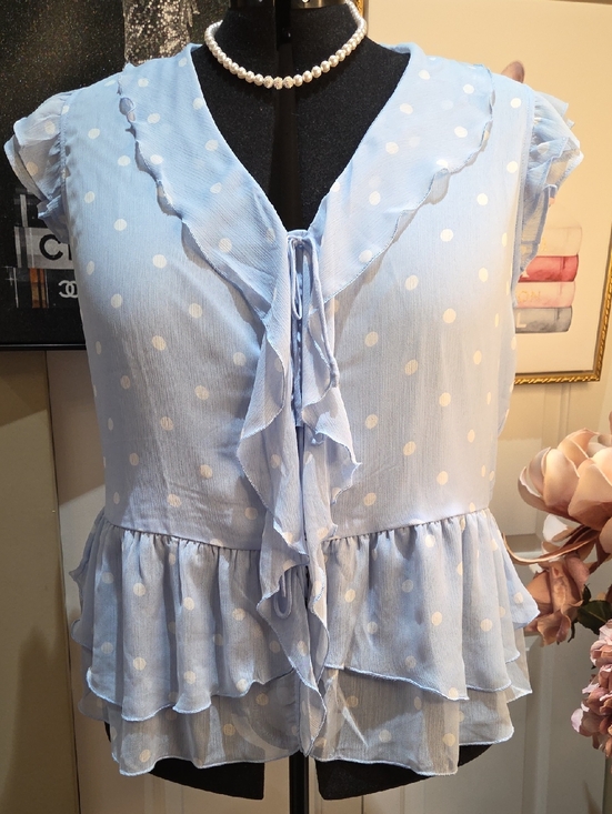 Tamara H Tops - Nwt 1X & 3X Tamara H Women's Light Blue Polka Dot Ruffle Tie-Front Blouse